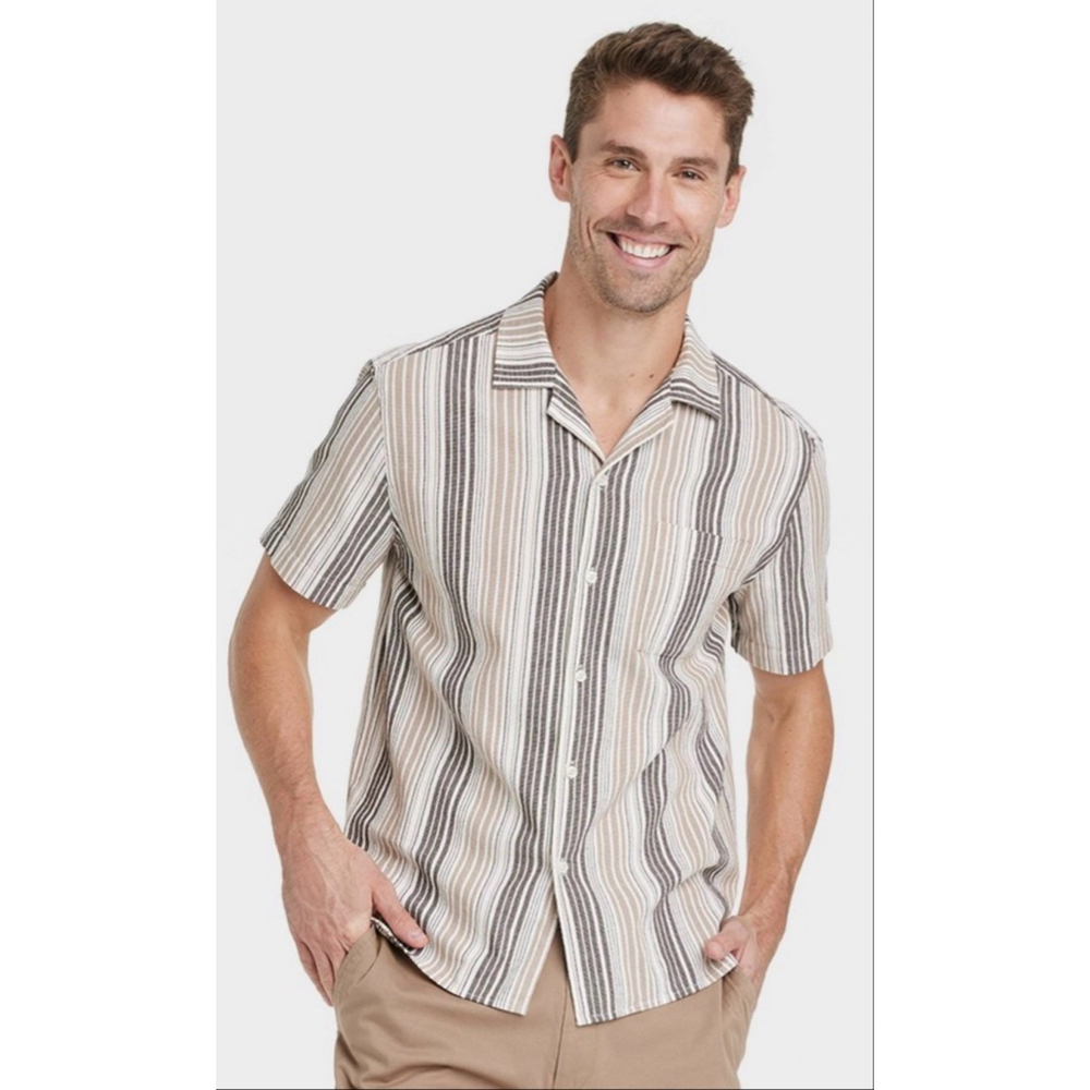 Men’s Short Sleeve Button-Up Shirt – Neutral Stripe – Size S – NWT
